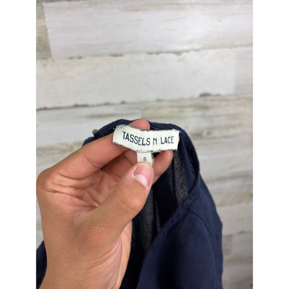 Tassel n Lace womens 8 navy blue white boho embroidered top blouse lightweight - Picture 4 of 4